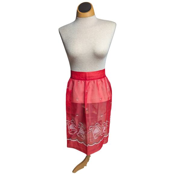Vtg 1950s Red Sheer Chiffon Holiday Bell Graphic Single Pocket Half Apron OS - Picture 2 of 4